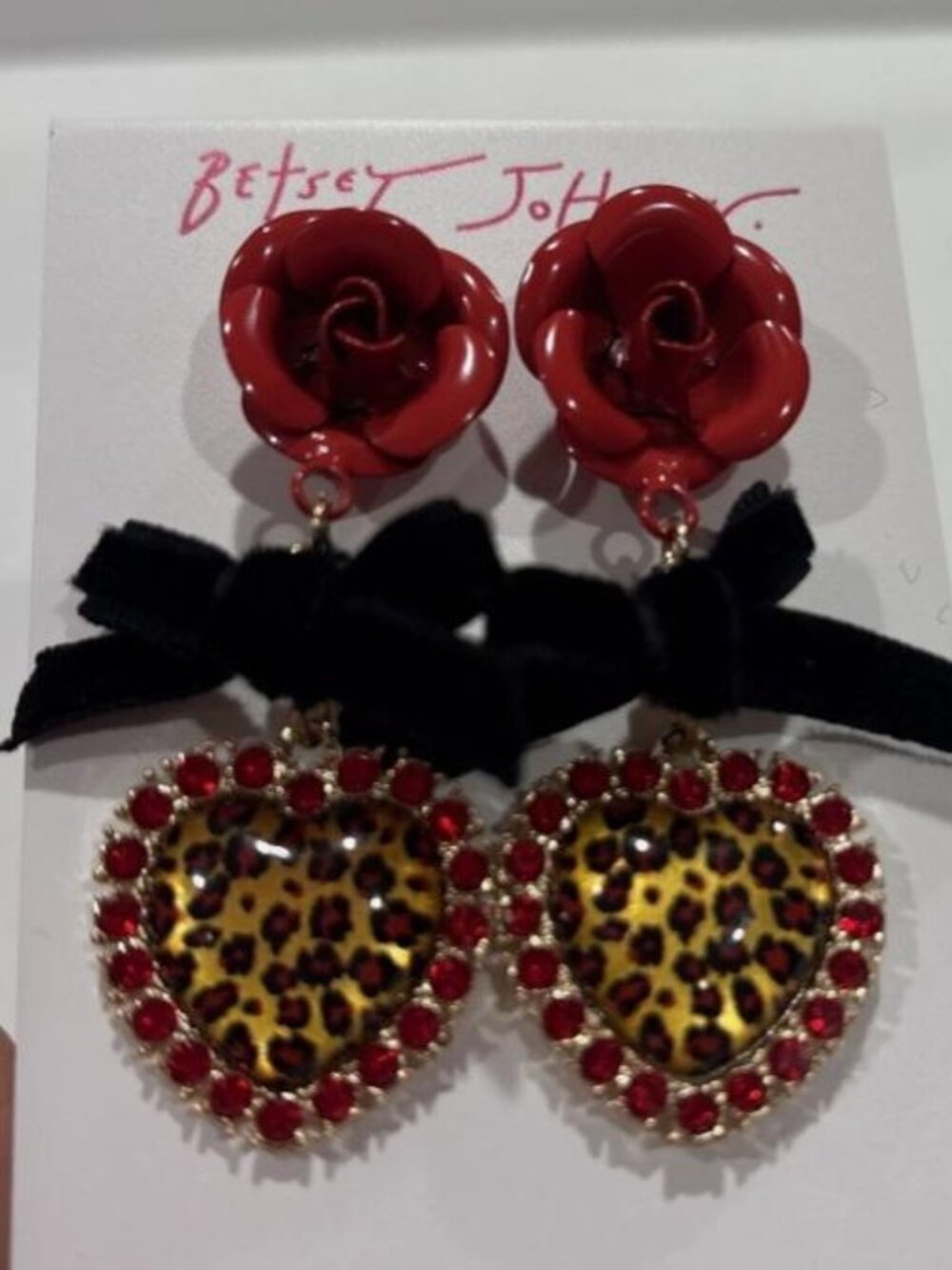 Betsey Johnson Red Rose Bud & Leopard Earrings